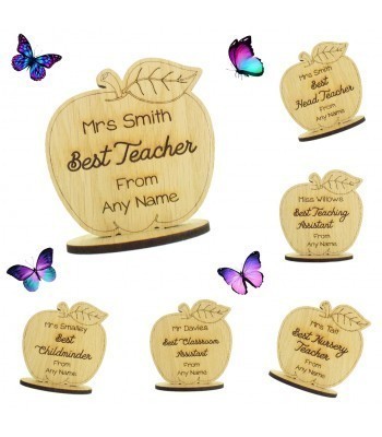 Laser Cut Personalised Oak Veneer 'Best...' Engraved Teachers Apple on a Stand - Options Available